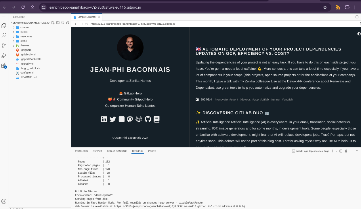 Screenshot of Gitpod and my personal blog hosted on GitLab